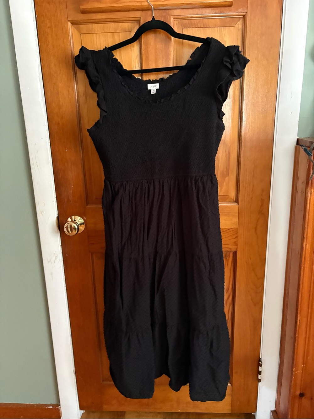 J. Crew Black Ruffle Sleeve Midi Dress with Textured Fabric